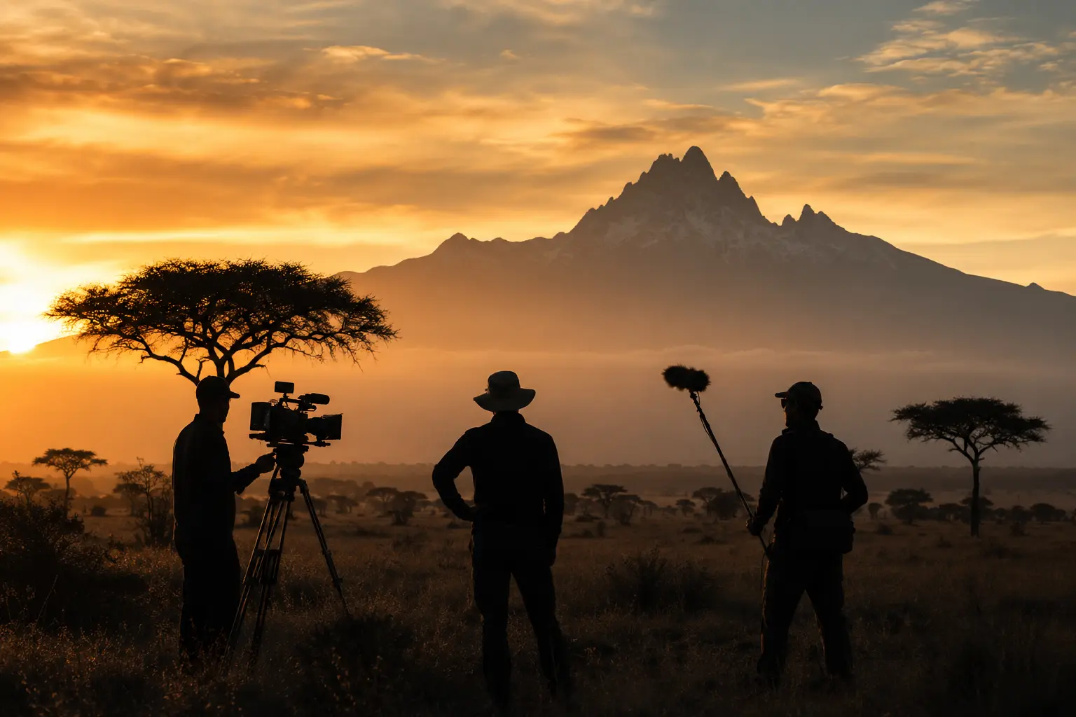 Good By Art Productions crew filming on location at sunrise